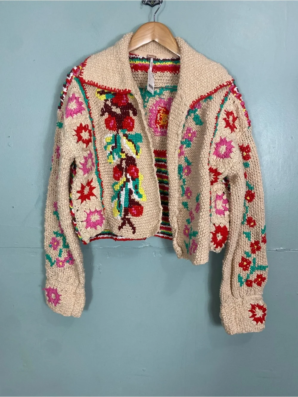 Free People Strawberry Cardi Crochet Cardigan Floral Medium - Picture 2 of 13